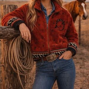 Vintage Bear Ridge Gecko Southwestern / Western / Ranch Fleece in Rust | Women M